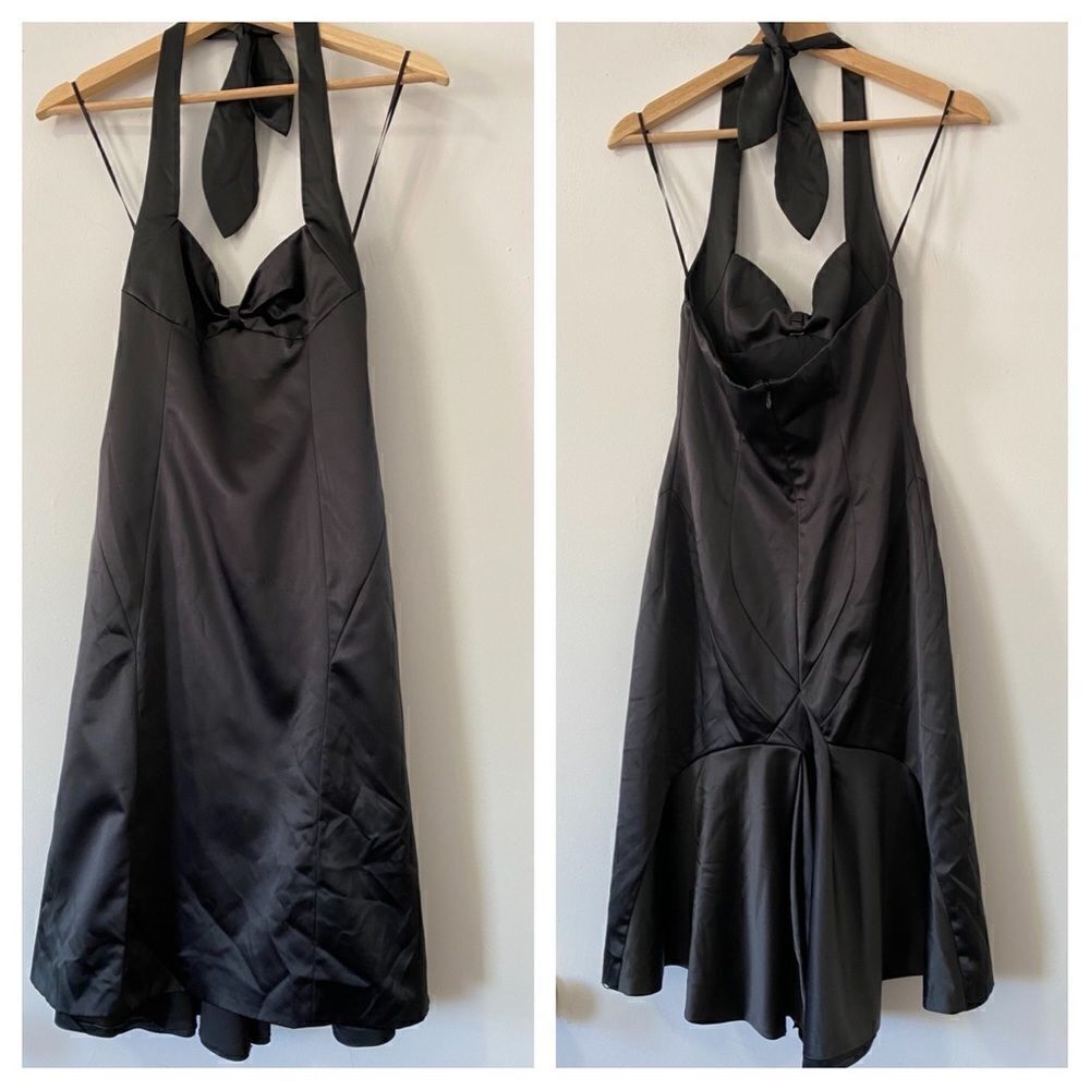 rebecca taylor black satin halter ruffle  dress